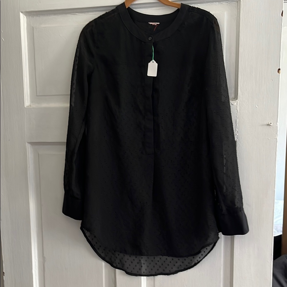 Semi-Sheer Black Dot-Texture Long Sleeve Blouse